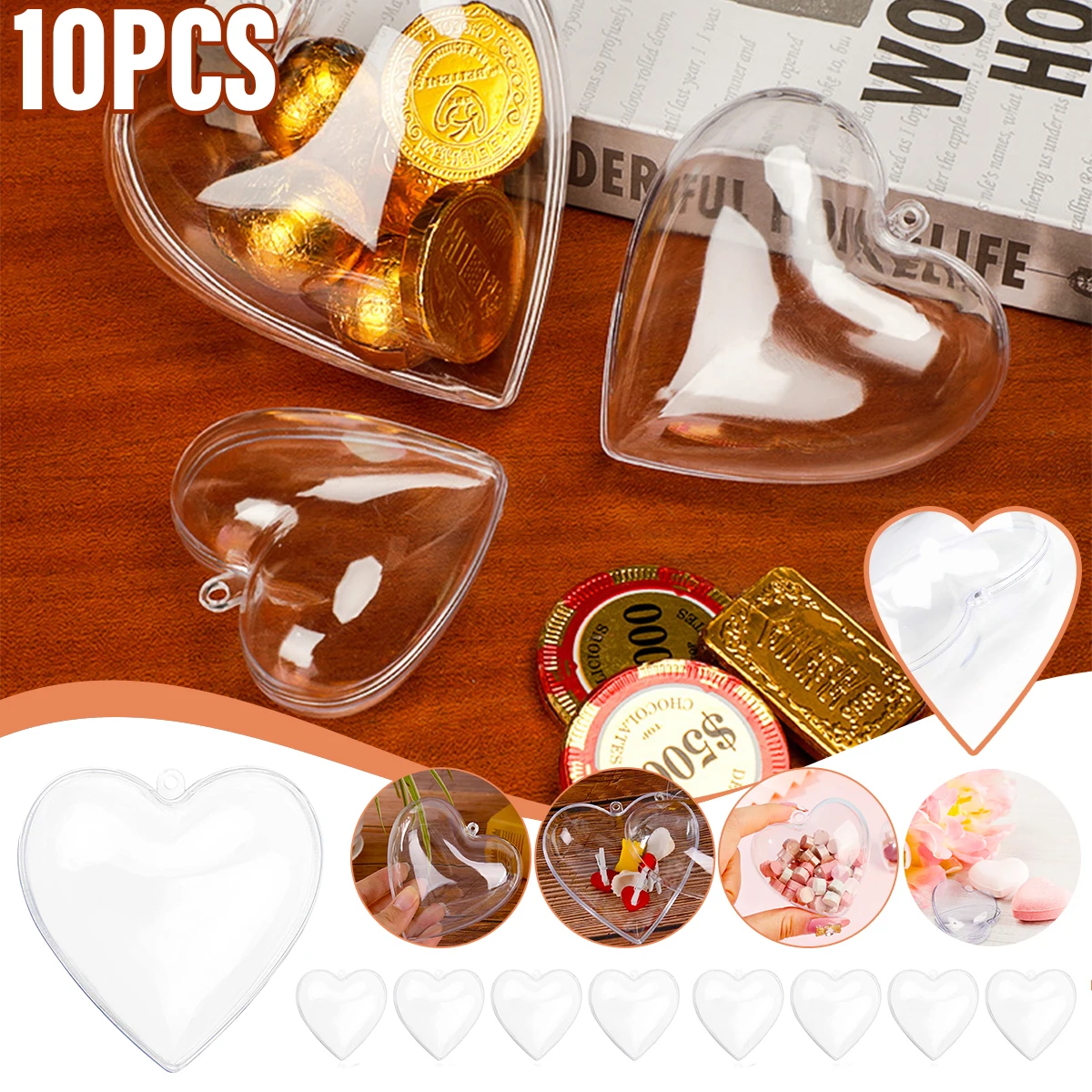 

10Pcs Heart Shape Balls Valentine Gift Box Transparent Fillable Baubles Hanging Ornament Heart-Shaped Decor Wedding Candy Boxes