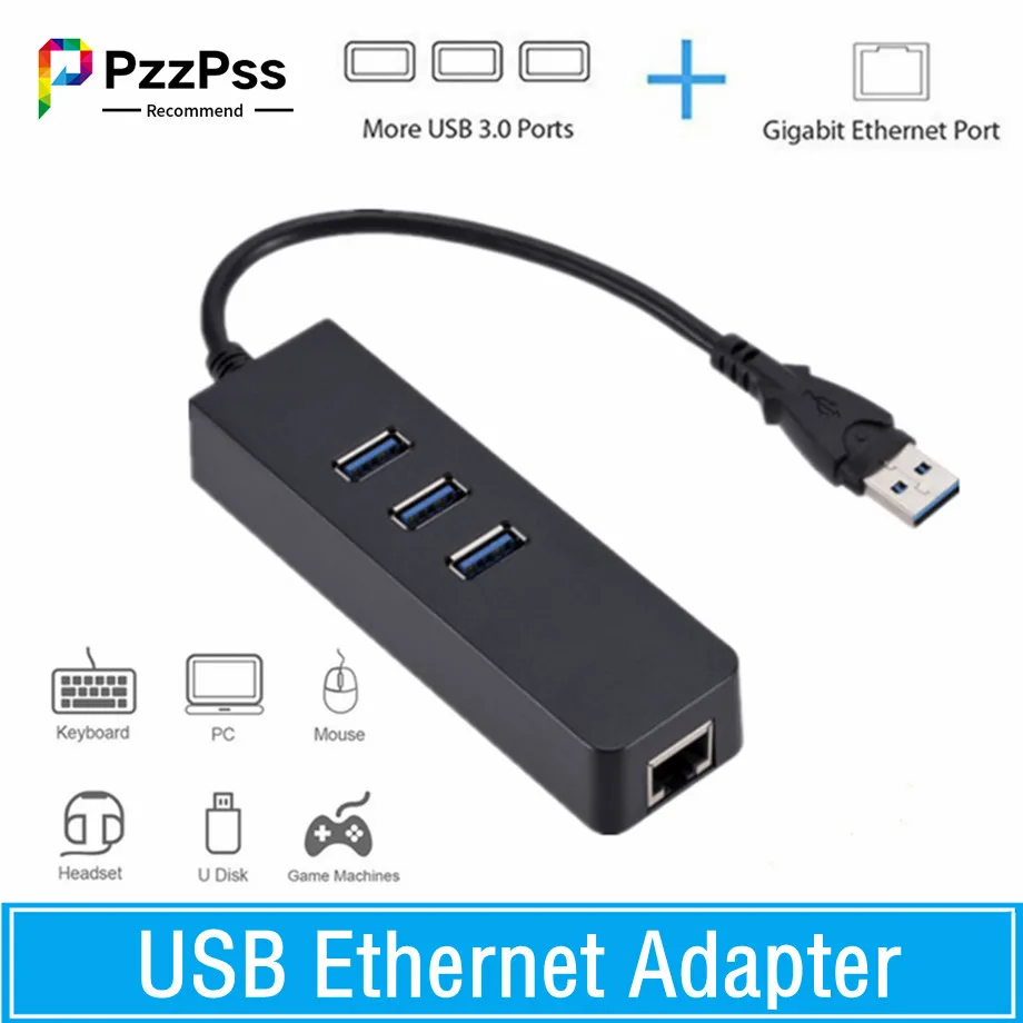 

PzzPss USB Ethernet Adapter 3 Ports USB 3.0 HUB USB to Rj45 Lan Network Card for Macbook Mac Desktop + Micro USB Charger Cable