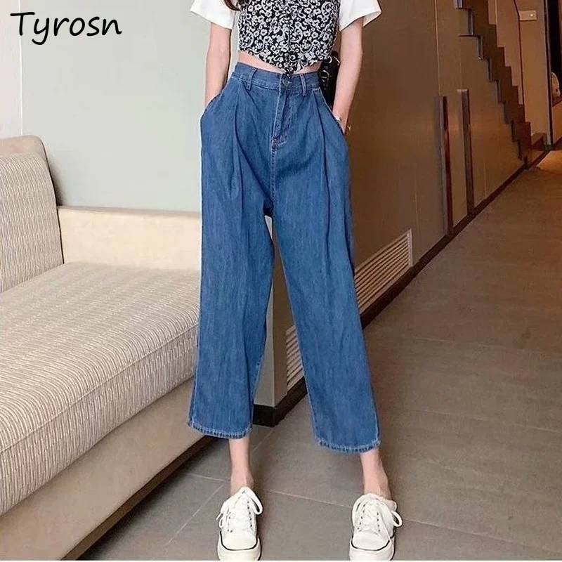 

Jeans Women Design Pleated Loose Retro Ankle-length Straight Denim Trousers Vintage Streetwear High Waisted Jean Female Teens