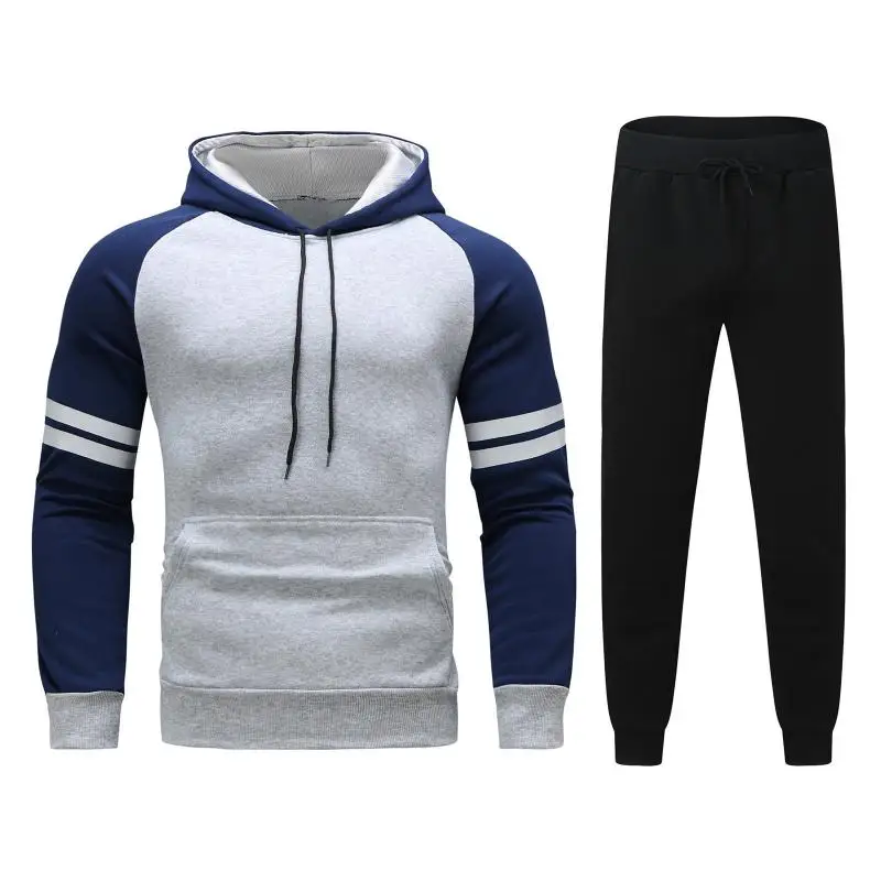 

Men's Two Piece Suits Hooded Tracksuit Solid Color Loose Sportswear Male Striped Pullover Tops and Drawstring Pants Casual Sets