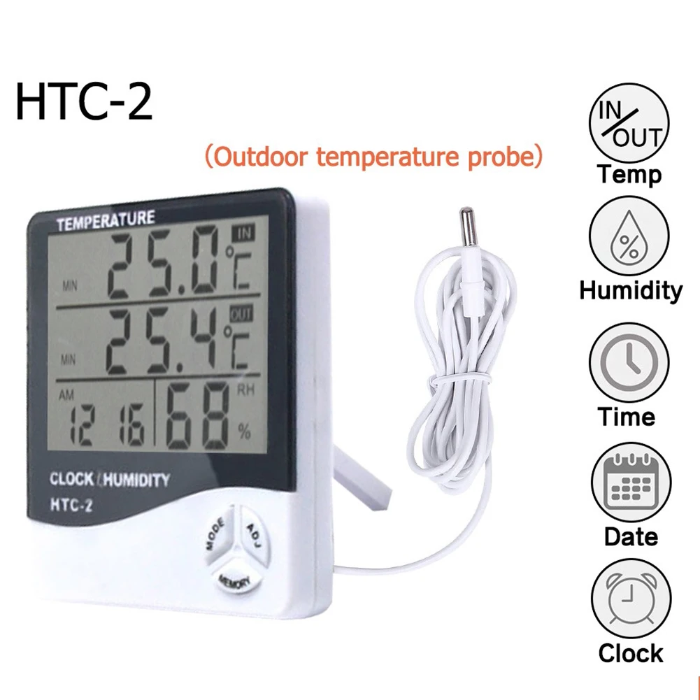 HTC-2 Digital LCD Room Thermometer Indoor Hygrometer Humidity Meter Alarm Clock Acklight Home Thermometer Weather Station