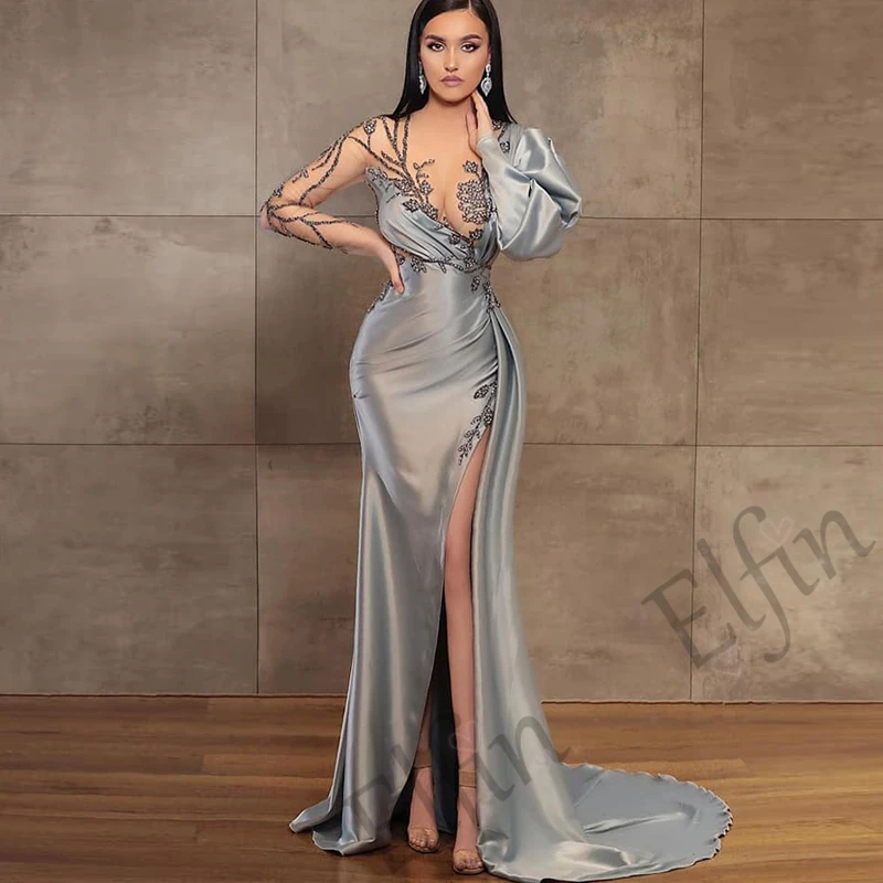 

Elfin Sliver Evening Dresses YF005 Beads Pleat Slit Robe Soiree Mermaid Full Sleeve Illusion O Neck Sexy Dubai Vestidos De Noche