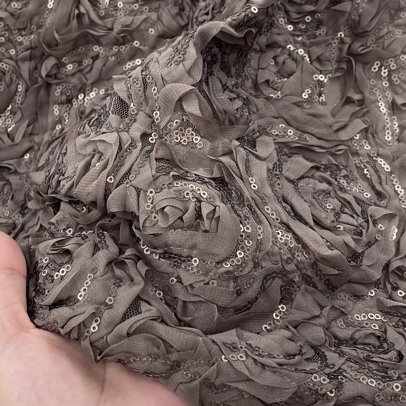 

NEW501 Exquisite Tan Sequin Three-dimensional Disc Floral Mesh Fabric Embroidered Dress Designer Fabric DIY Sewing Materials