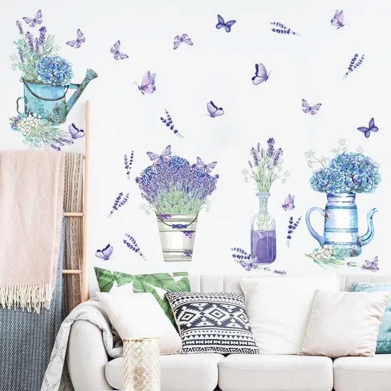 

Classic Home Decor Potted Hydrangea Lavender Butterfly Stickers Porch Patoral Home Decoration Fresh Simple Cheap Wall Stickers