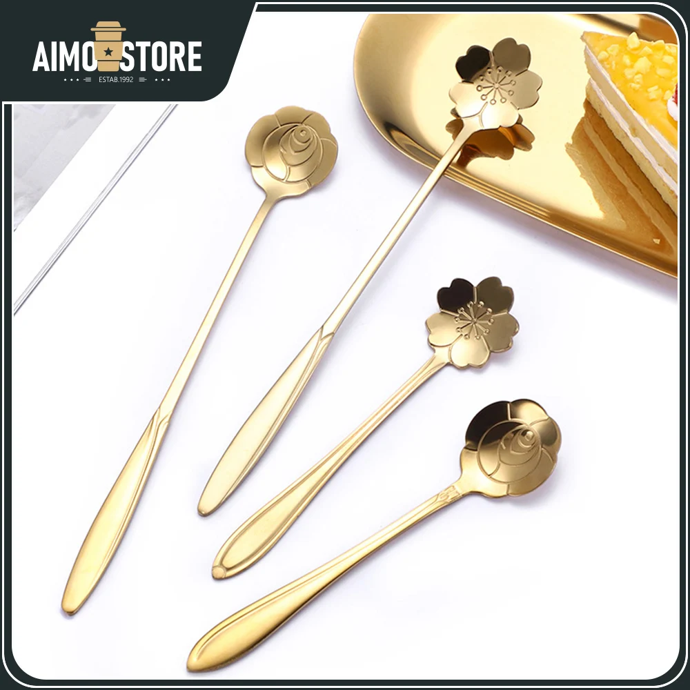 

[Top Factory] 4pcs Creative Japanese Coffee Spoon Long Handle Golden Stirring Cherry Blossom Spoon Drink Dessert Rose Spoon