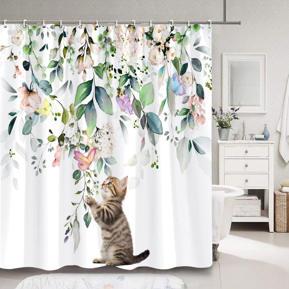Забавная занавеска для душа с котом в цветах зеленые листья эвкалипта цветочные