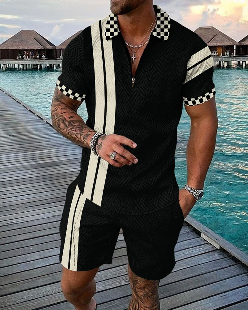 Fashion Men Polo Shirt and Shorts Suit Casual Zipper Polo V-neck T shirt Short Sleeve 2 Piece Set Tracksuits Men Oversize Outfit