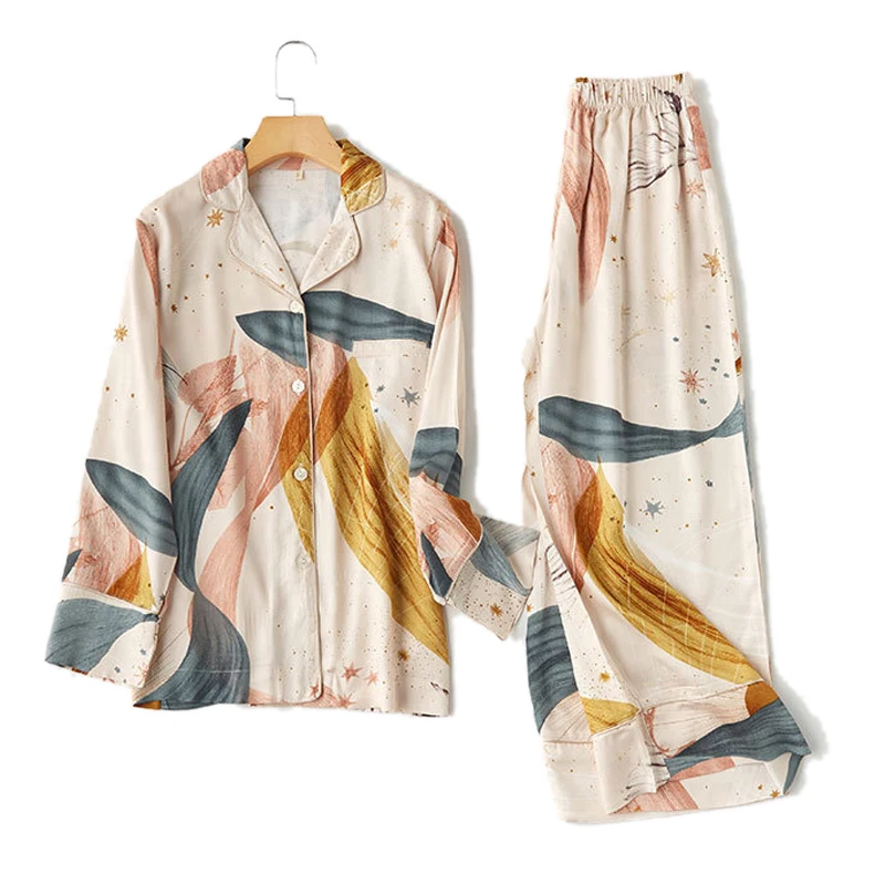 

Female Fashion Luxury Two Pieces Pajamas Women Long-sleeved Pajamas Trousers Sets Viscose Sleepwear Ladies Nighties Homewear