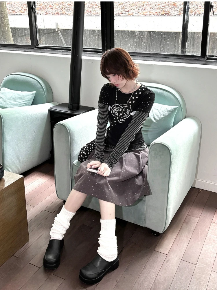 Фото HOUZHOU Y2k черные винтажные женские футболки с рисунком Harajuku милые полосатые футболки с длинными рукавами в горошек в японском стиле тонкие повседневные футболки №5