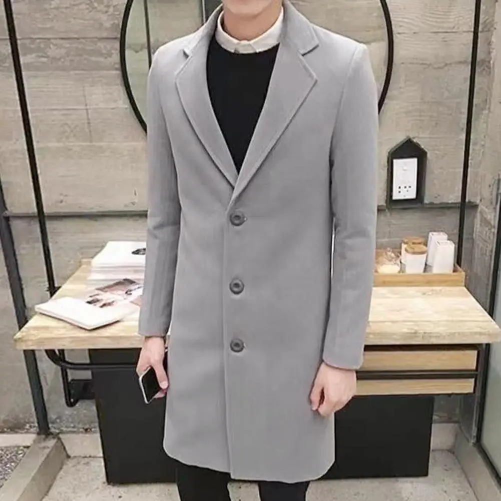 

Lapel Collar Coat Stylish Men's Lapel Mid Length Cardigan Solid Color Single-breasted Business Coat for Fall/winter Anti-wrinkle