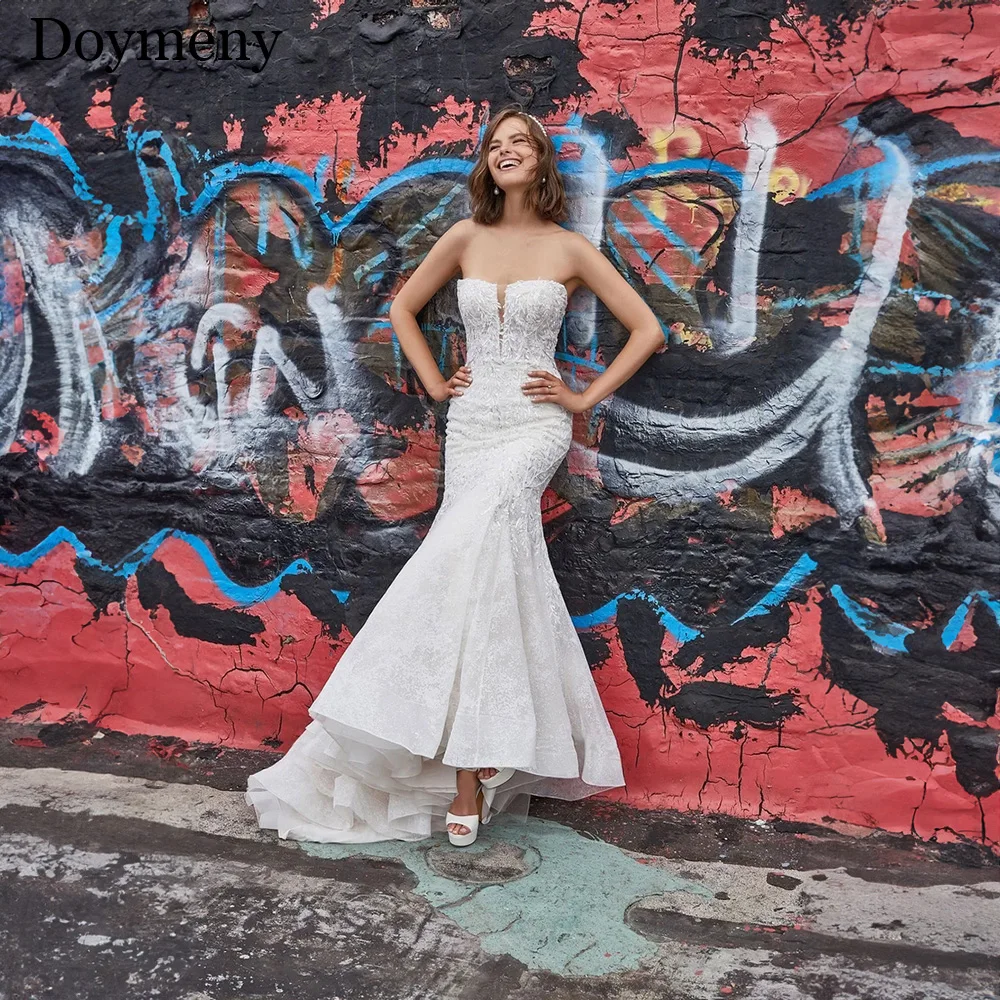 

Doymeny Exquisite Wedding Dresses For Woman Mermaid Sweetheart Sleeveless Appliques Lace Court Train Stunning Vestidos De Novia