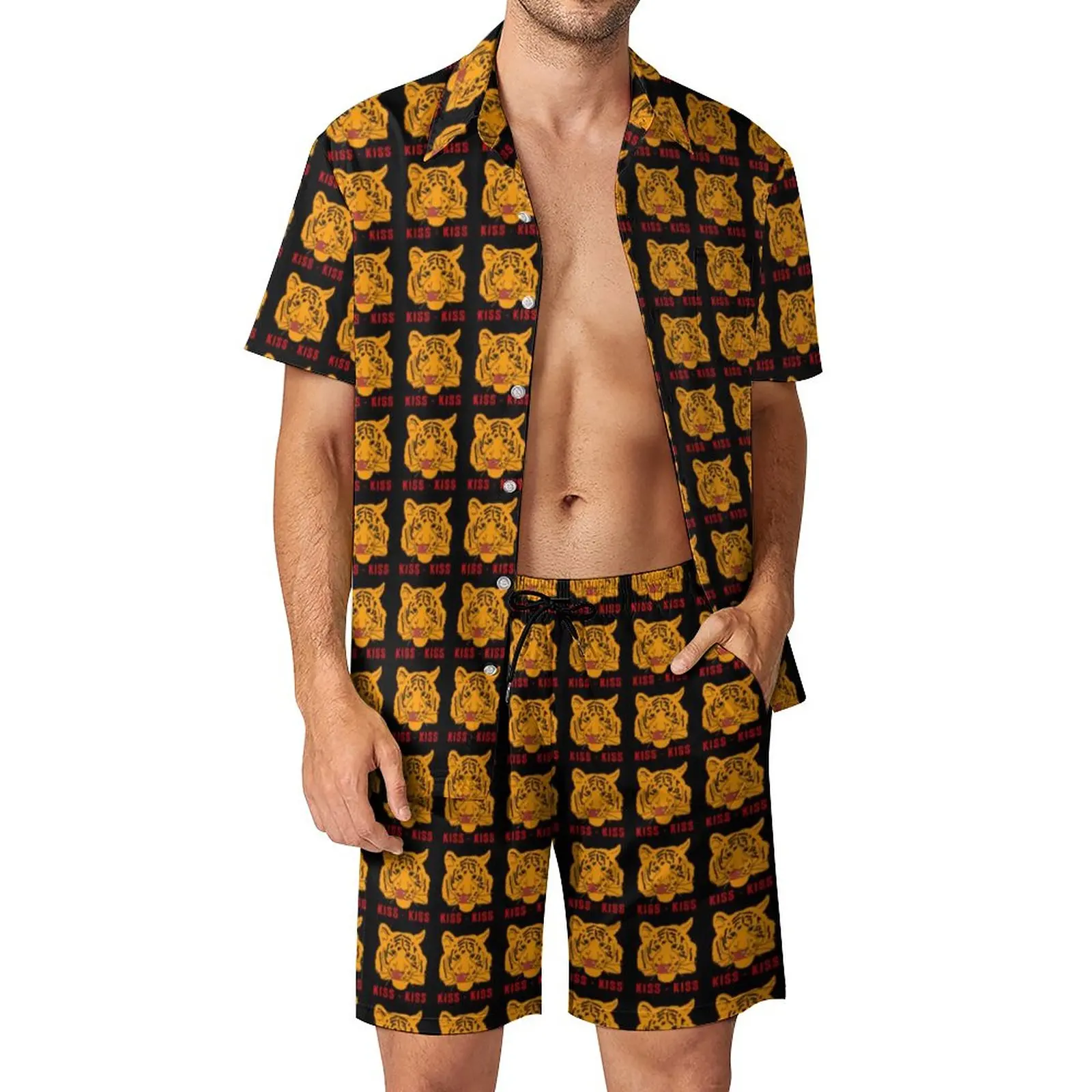 

Cute Tiger Kiss Men Sets Animal Face Print Casual Shirt Set Vintage Fitness Outdoor Shorts Summer Pattern Suit Two-piece Clothes