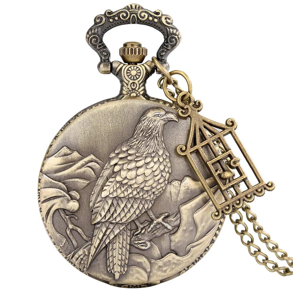 

Bronze Embossed Old Eagle Quartz Necklace Watch for Men Women Exquisite Vintage Arabic Numeral Analog Display Chain Pocket Clock