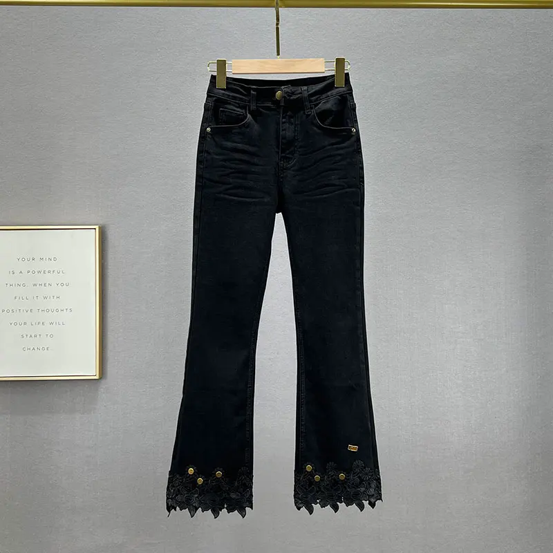 

Женские джинсовые расклешенные брюки, облегающие эластичные брюки с высокой талией, укороченные брюки с вышивкой, осень 2023