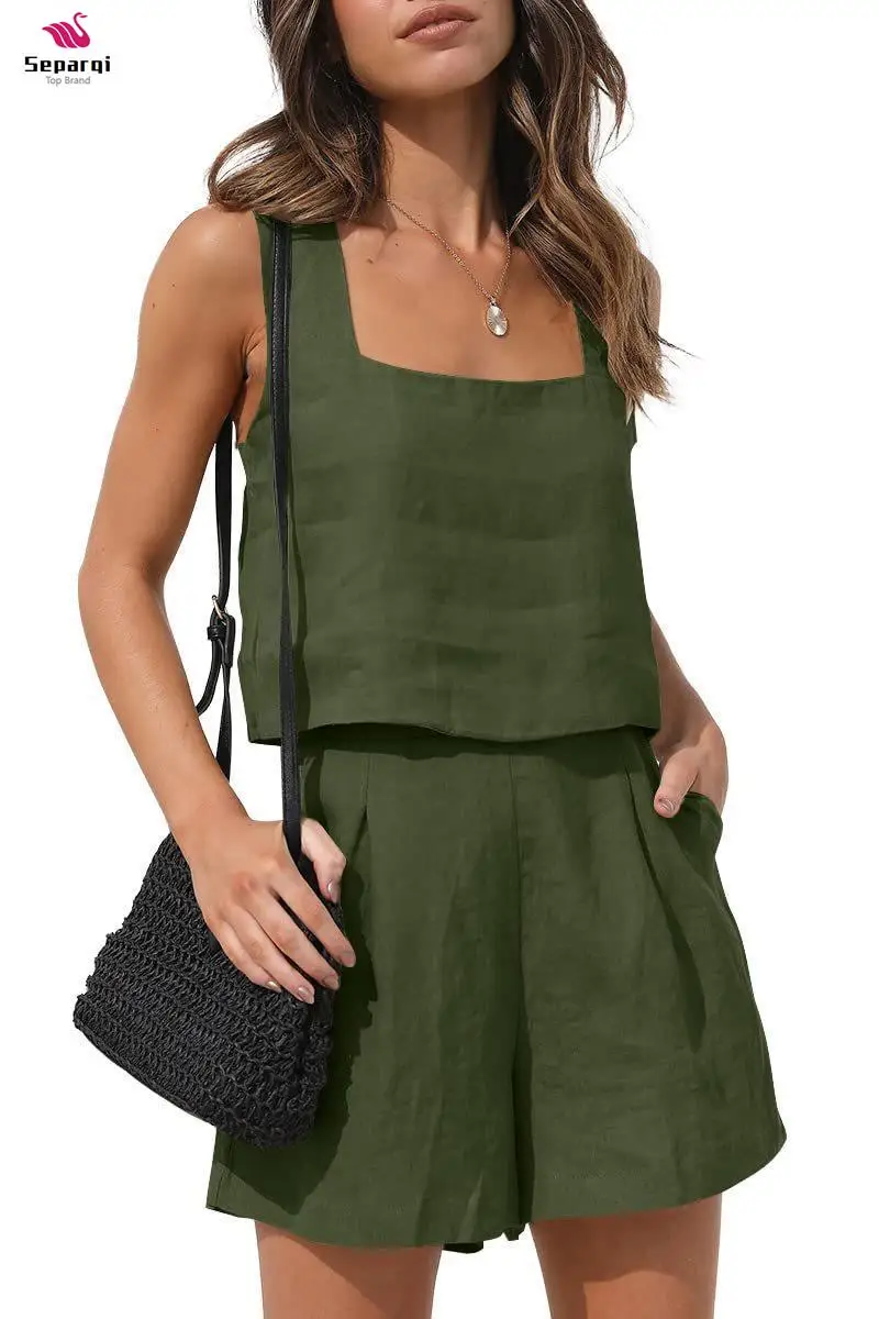 

Топ женский льняной без рукавов, повседневная универсальная майка из 2 предметов, шорты, Повседневная однотонная одежда для поездок, лето 2023