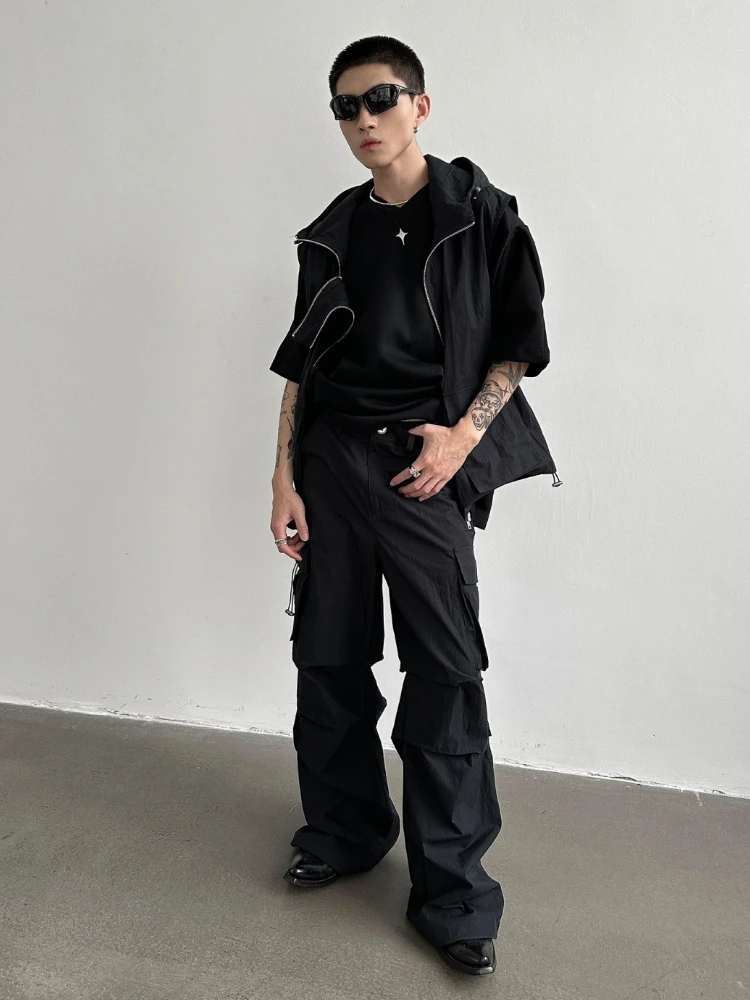 Summer Cargo Pants Set Men Hooded Vest Double Zipper Sleeveless Tops Japan Streetwear Hip Hop Korean Plus Size Long Pants Suit