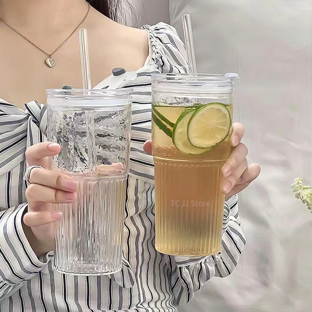 

600ML Stripe Glass Cup With Lid and Straw Ice Coffee Mug Transparent Glasses Milk Tea Cup Lemon Juice Glass Water Cups Drinkware