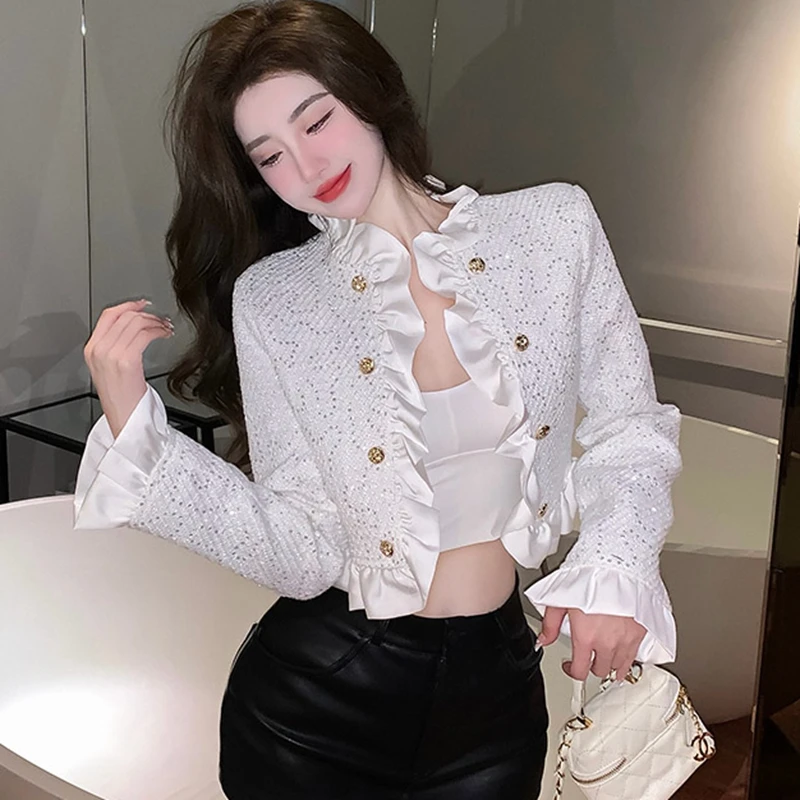 

Женское твидовое пальто с оборками, маленькая парная куртка в стиле пэчворк, Корейская одежда на осень и зиму, шерстяной кардиган