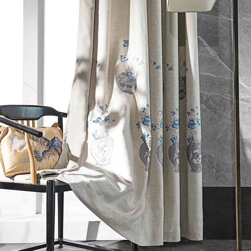 

Cotton and Linen Texture New Chinese Style Floor-to-ceiling Custom Luxury Curtains for Living Dining Room Bedroom Windows Door