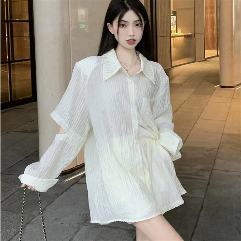 

Summer Thin Pleated Women 2 Piece Sets Hollow Hole Sleeve Loose Long Shirt+High Waist Wide Leg Shorts Casual 2pc Outfits Suits