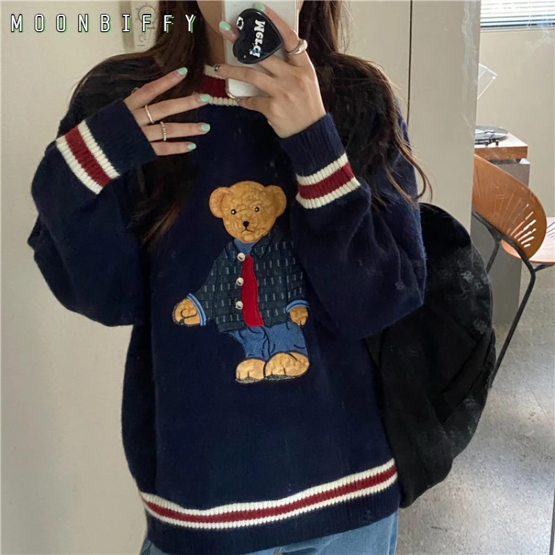 

Korean Version of The Cute Bear Sweater Women's Sweet Outer Wear Knitted Jacket 2021 New Lazy Round Neck Wild Loose Wool Jacket
