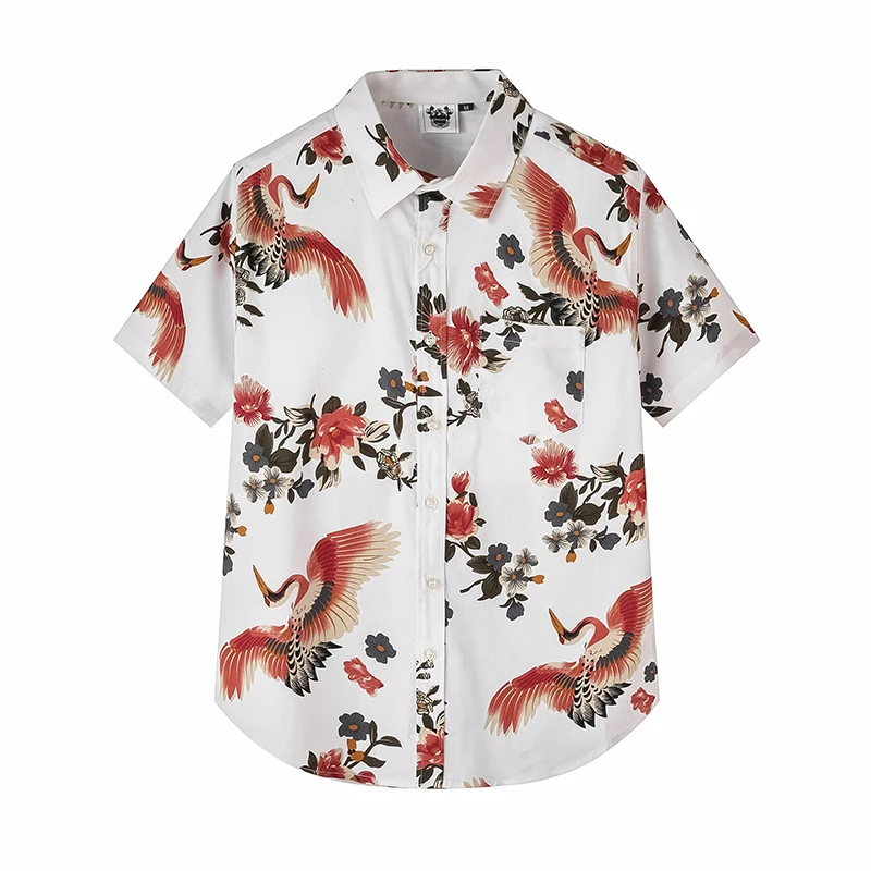 

Мужская одежда в европейском и американском стиле, Новинка лета 2022, однобортная Модная рубашка с короткими рукавами, отложным воротником и принтом летающего журавля