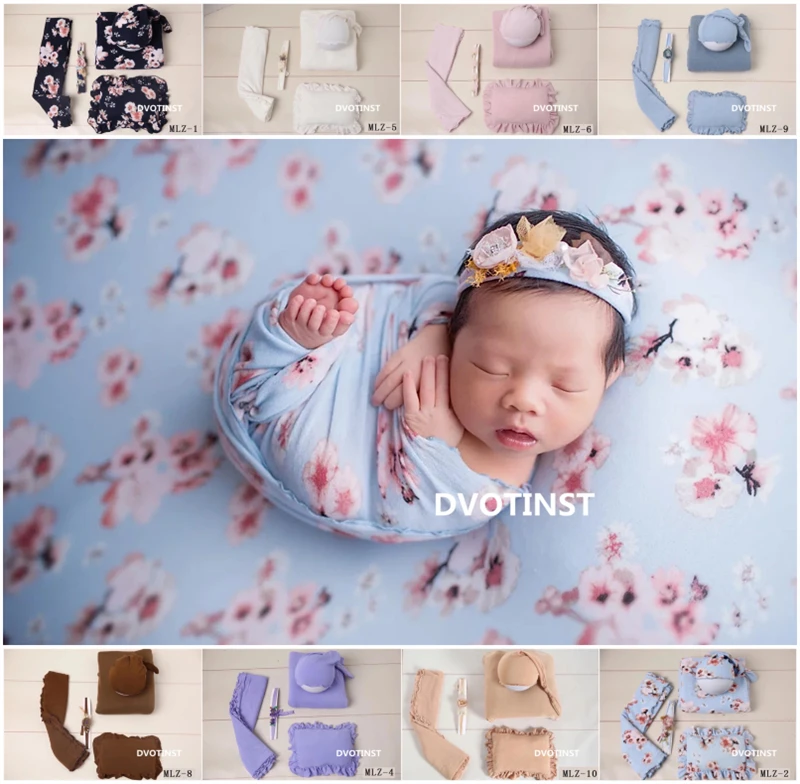Dvotinst Newborn Baby Photography Props Flora Headband+Hat+Posing Pillow+Wraps+Blanket 5pcs Set Fotografia Accessory Photo Props