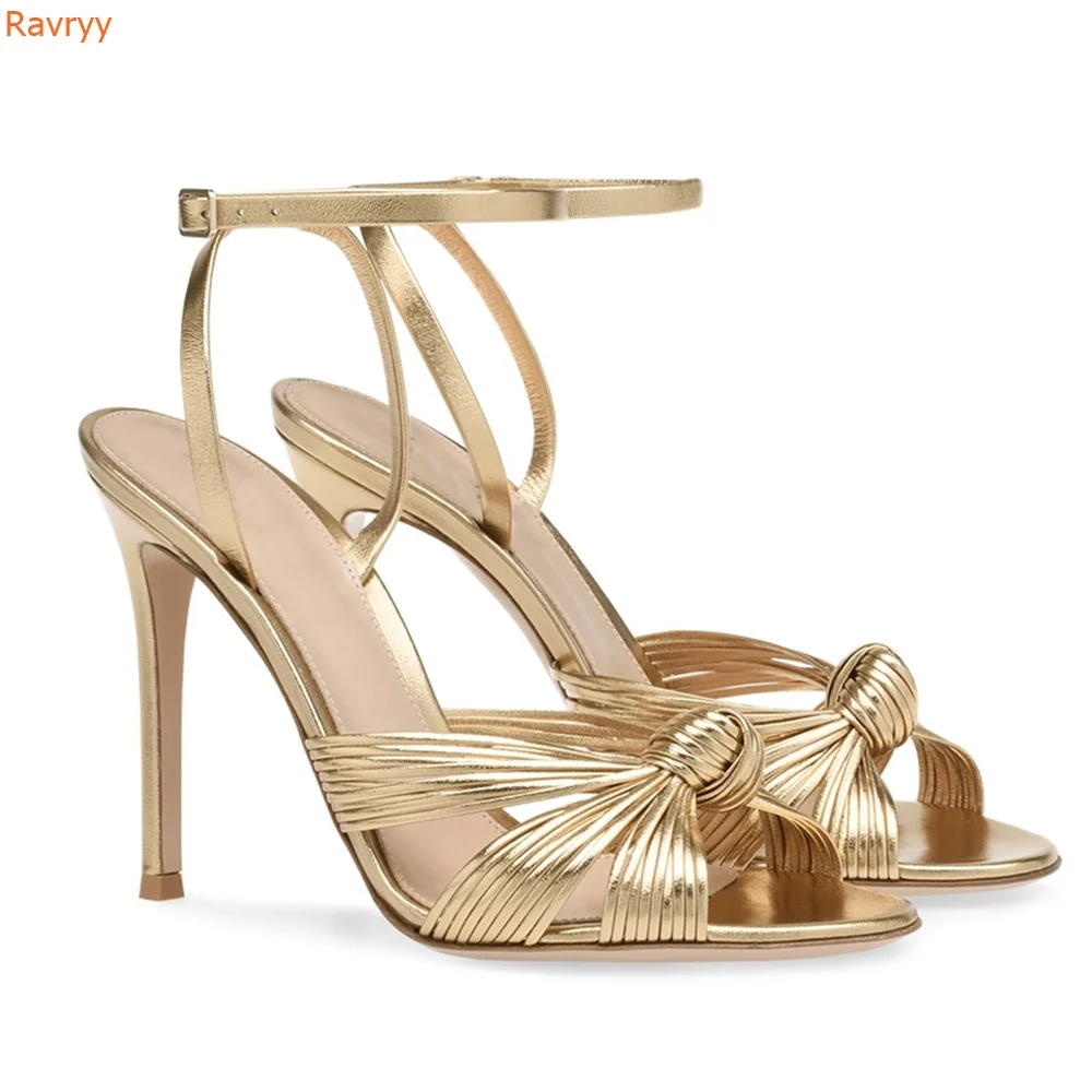 Gold Color Stiletto Heel Sandals Cross One Word Belt Round Toe Slingback Ankle Strap PU Sandals Women Fashion Party Large Size46