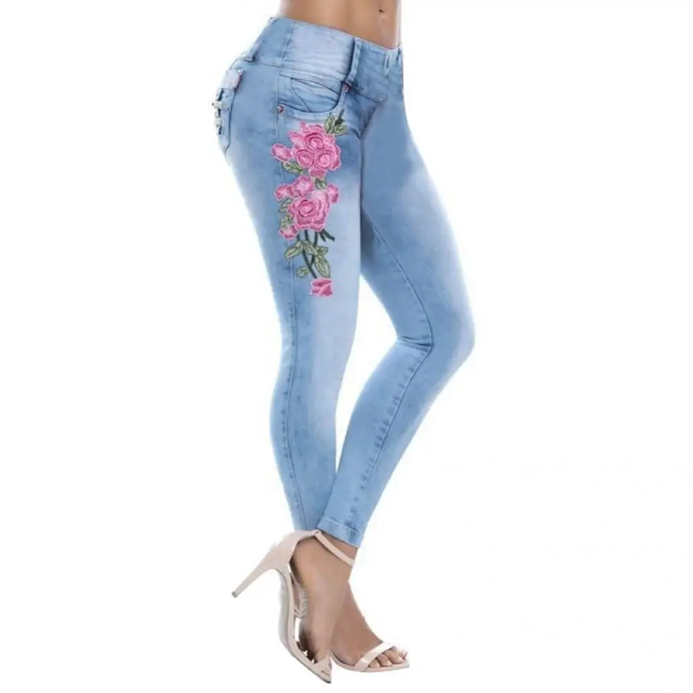 

Stylish Jeans High Waist All Matched Denim Women Floral Embroidery Pencil Pants