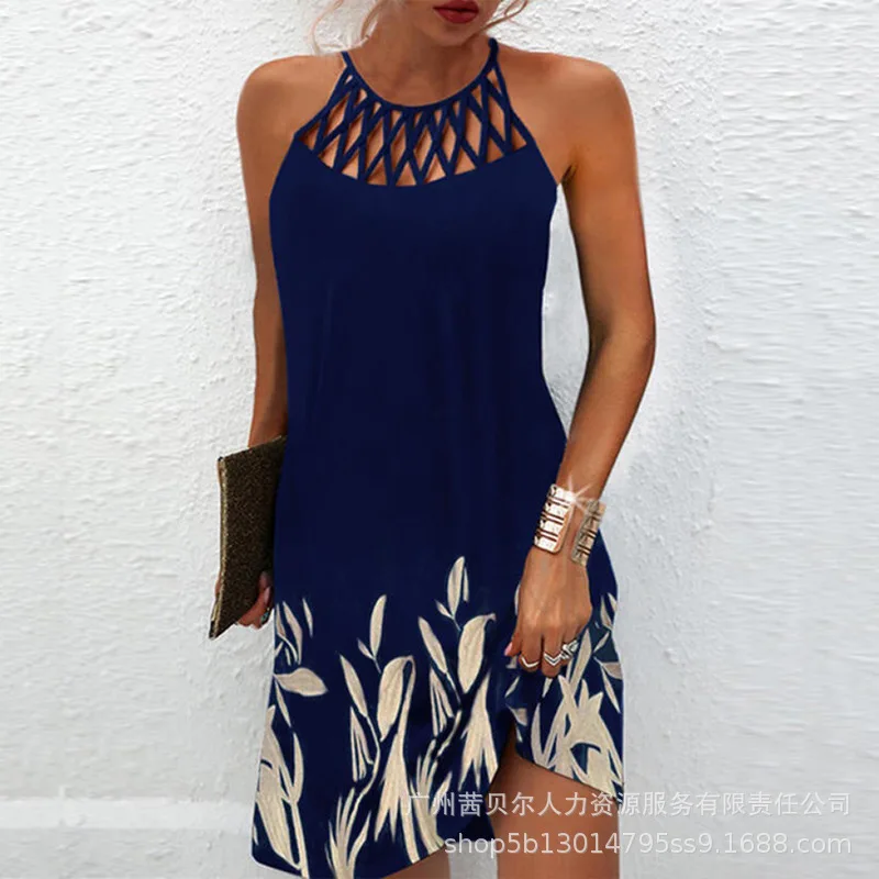 

Women's Dress Summer Sexy Loose Dress with Prints Women's Fashion Round Neck Sleeveless Spaghetti Strap Openwork Dress