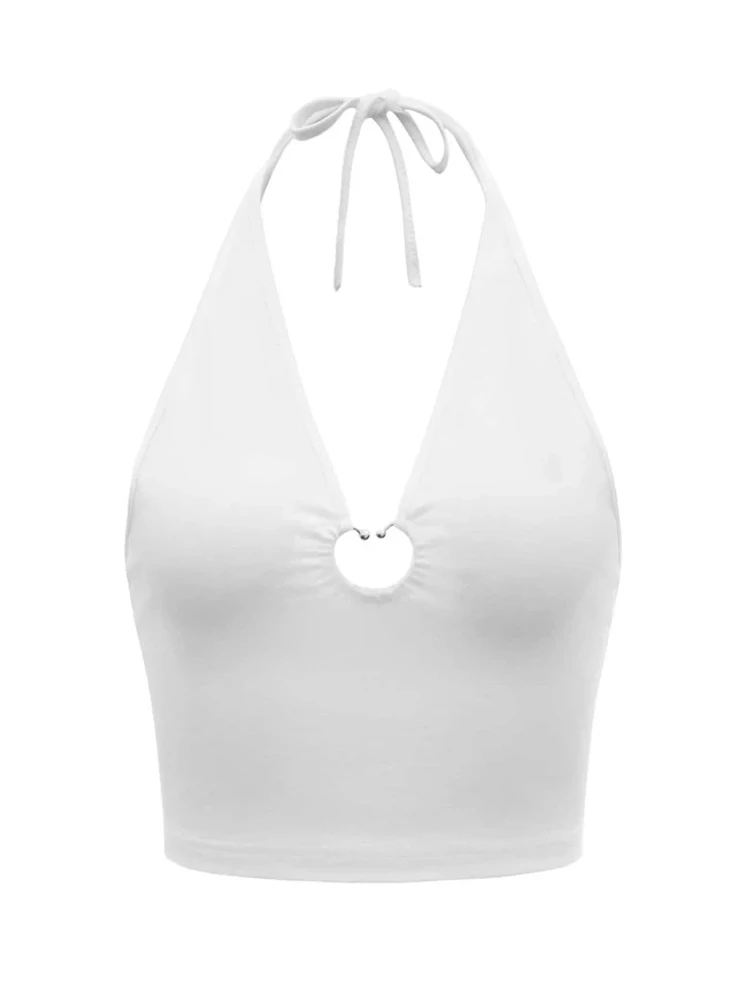 

SVOKOR Women Halter Tank Tops Hollow Sleeveless Camis Sexy Metal Heart Backless Vest Korean Fashion Casual Kpop Crop Tops