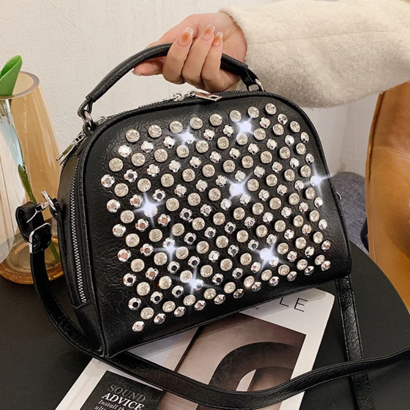 

High Quality Women's Shoulder Bag 2023 Trend Leather Fashion Shiny Luxury Diamonds Handbag Square Personality Evening Backpack