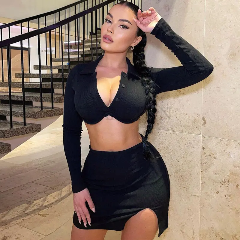 

Женский комплект из двух предметов, короткий топ с длинным рукавом и мини-юбка