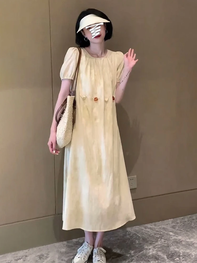 Платье с коротким рукавом во французском стиле Свободное длинное приталенное