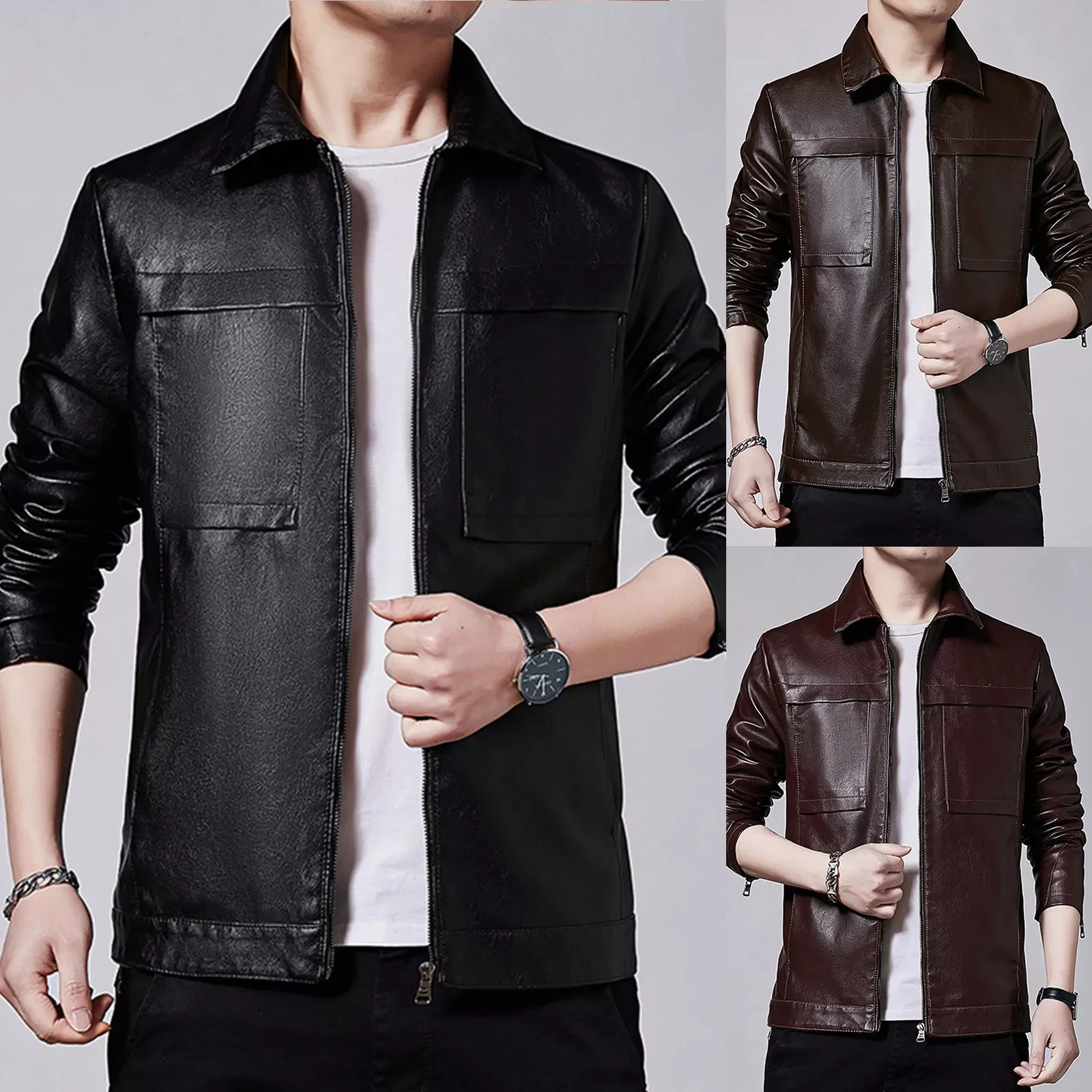 

Men Long Sleeve Autumn Winter Turndown Neck Top Blouse Coat Jackets With Pockets Mens Rain Proof Jacket