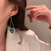 vintage green y2k peach heart tassel earrings for women korean shiny crystal gold color chian long drop earrings fashion jewelry