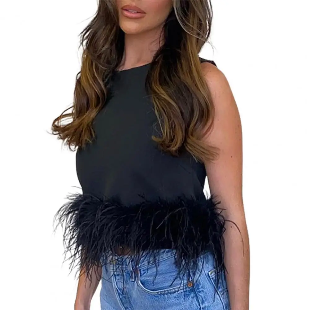 

Летний укороченный топ без рукавов, женский жилет с круглым вырезом, облегающий корсет, топ с подолом из перьев, Женская майка, летняя одежда...