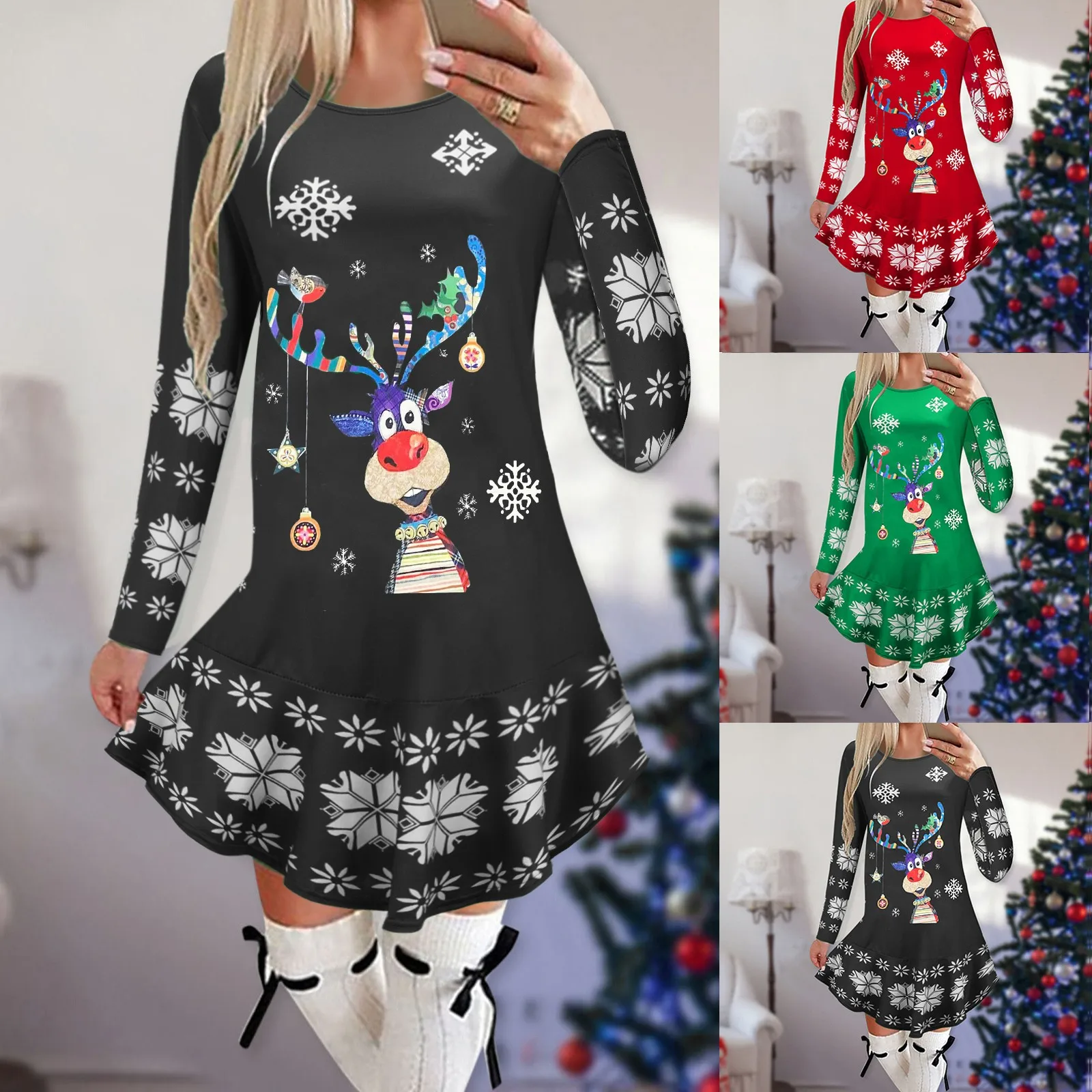 

Women's Christmas Dresses Printed Round Neck Long-sleeved Dress Autumn And Winter Sexy Casual Dresses Way Dress