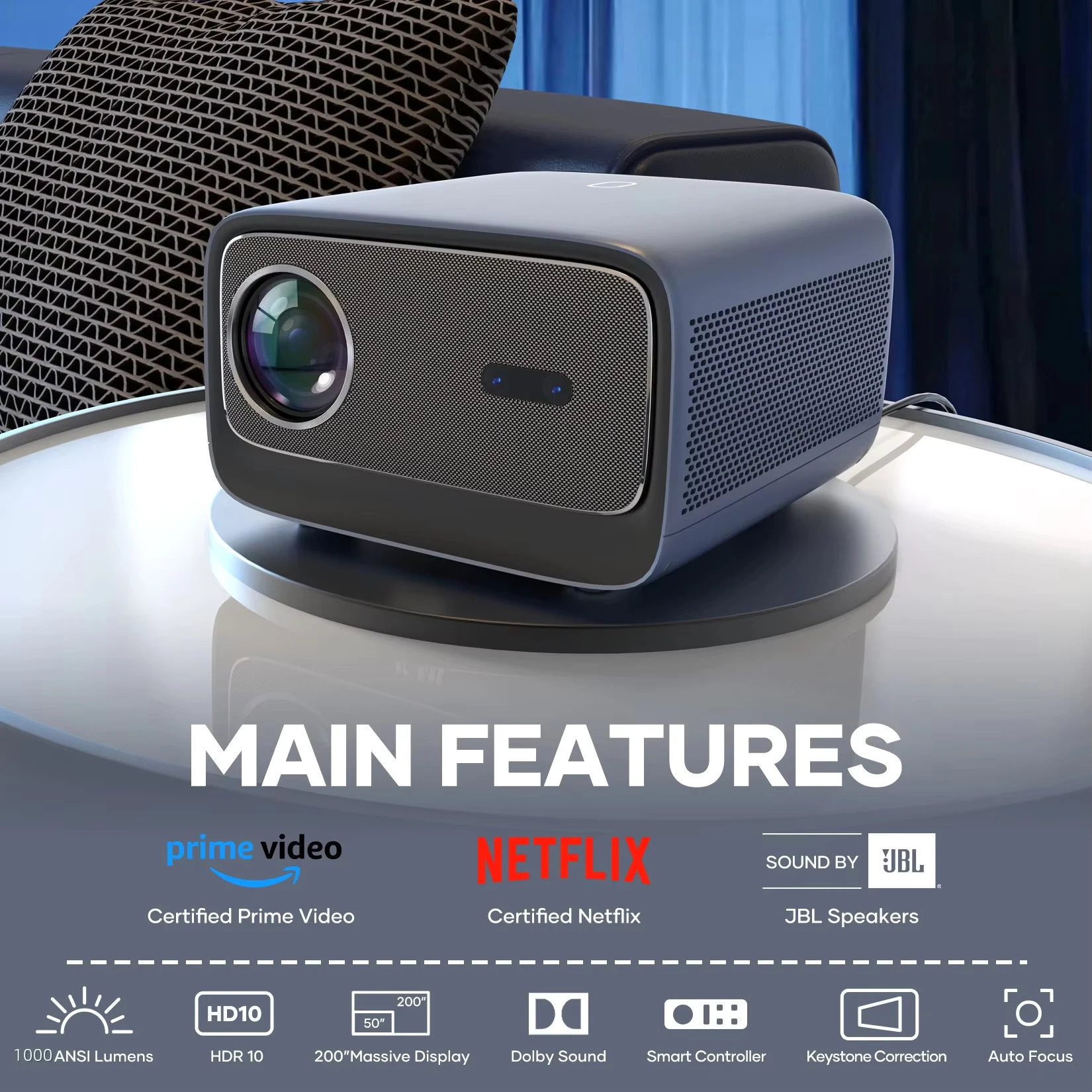 Фото Глобальное приложение Wupro/OEM K2, домашний кинотеатр, поддержка 4K, умный проектор, встроенный динамик, 1000 ANSI люмен, автофокус, ЖК-проектор для игр №5