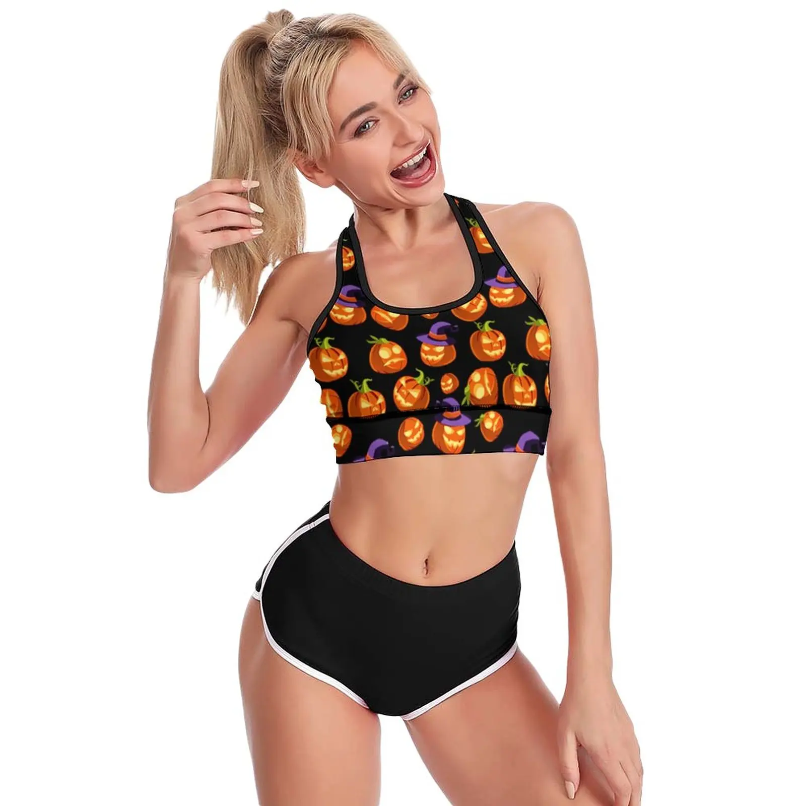 

Cute Pumpkin Sport Bra U Neck Scary Halloween Training Padded Raceback Crop Bras Active Gathering Top for Girls