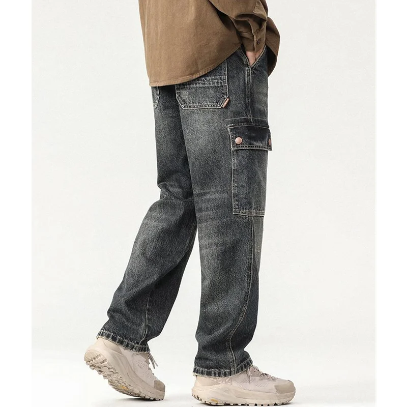 Men's Pattern Vintage Recreational Blue Black Multiple Pockets Jeans Loose Straight Cylinder Broad Leg Trousers Autumn Female
