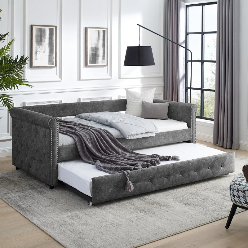 

（85.5“x42”x30.5“）Daybed with Trundle Upholstered Tufted Sofa Bed, with Button and Copper Nail on Arms，both Twin Size, Grey