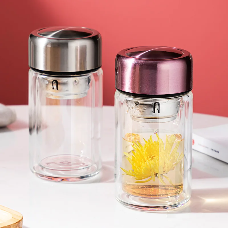 

ONEISALL Double Glass Water Bottle Mini Car Mounted Scald Proof High Quality Glass Cup With Stainless Steel Filter Tea Infuser