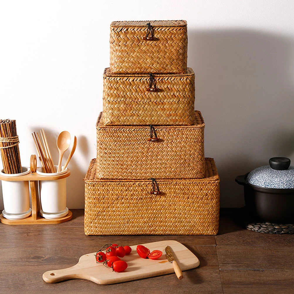 

3 Pcs Decorative Basket Lid Woven Seagrass Sundry Organizer Portable Storage Case Toy Bins Lids Packing Box Large Wicker