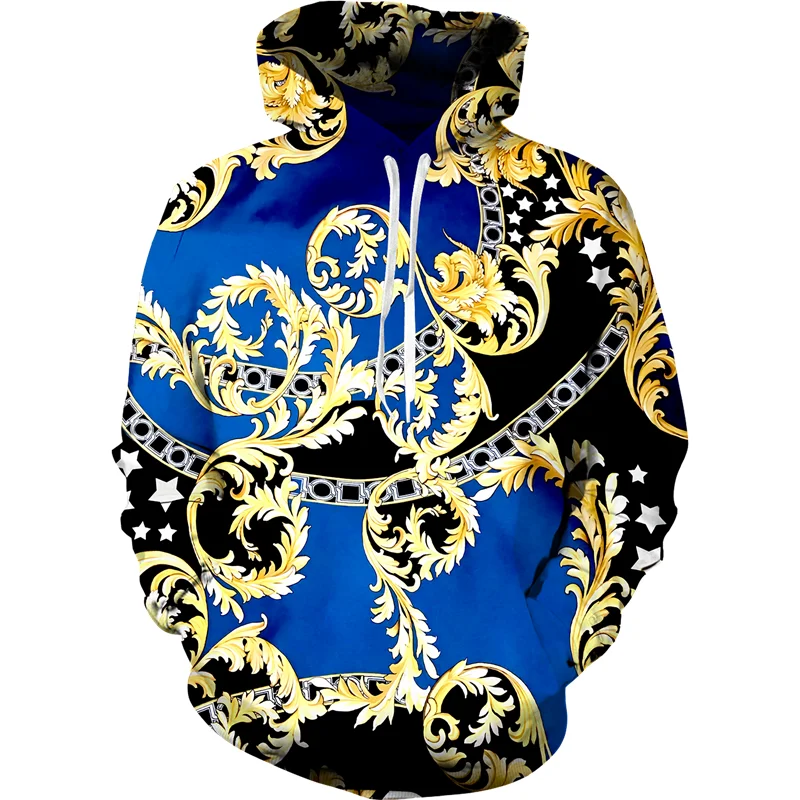 

2023 plus size 6XL Baroque 3d printed crown gold chain hoodie, suit casual male pullover sports