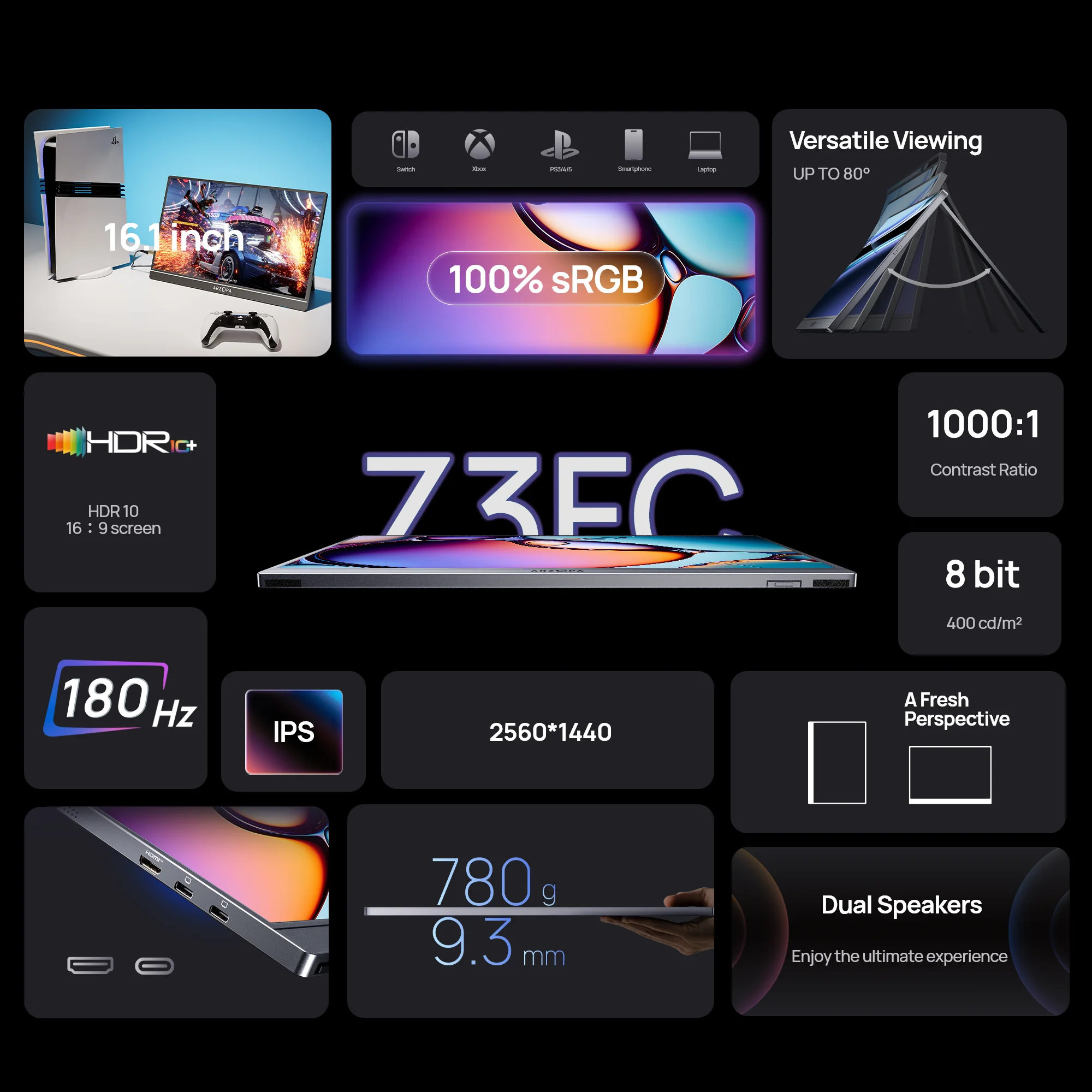 Фото ARZOPA Z3FC портативный монитор 16,1″ 2.5K QHD 2560×1440 IPS, 180 Гц, HDR10, 100% sRGB, HDMI/USB-C, 780 г, 9,3 мм, второй экран для ноутбука, ПК, Mac, PS5, Xbox, Switch, игр и работы №2
