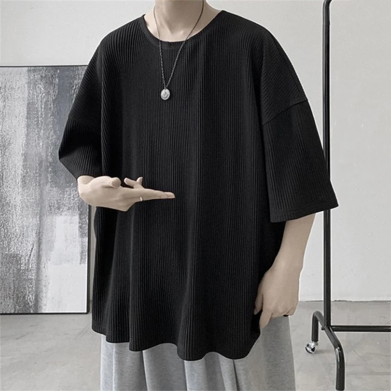 

Summer Tops Men Casual Ice Silk Short Sleeve T-Shirt Solid Color O-neck Pullovers Loose Men Tees