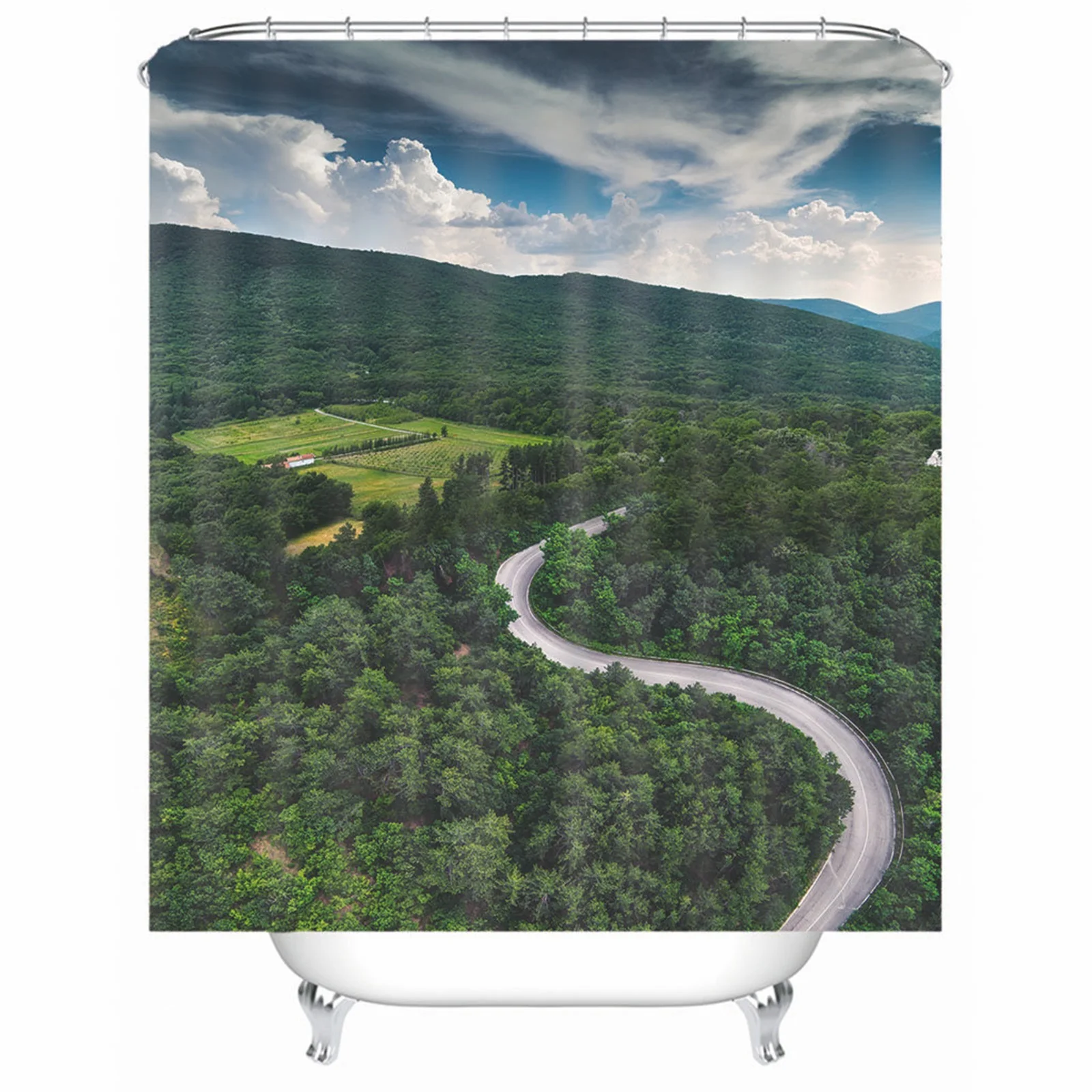 

Shower Curtain Kit Bathroom Set Polyester Mountain Trees Green Mold & Mildew Resistant Waterproof For With Grommets Hooks