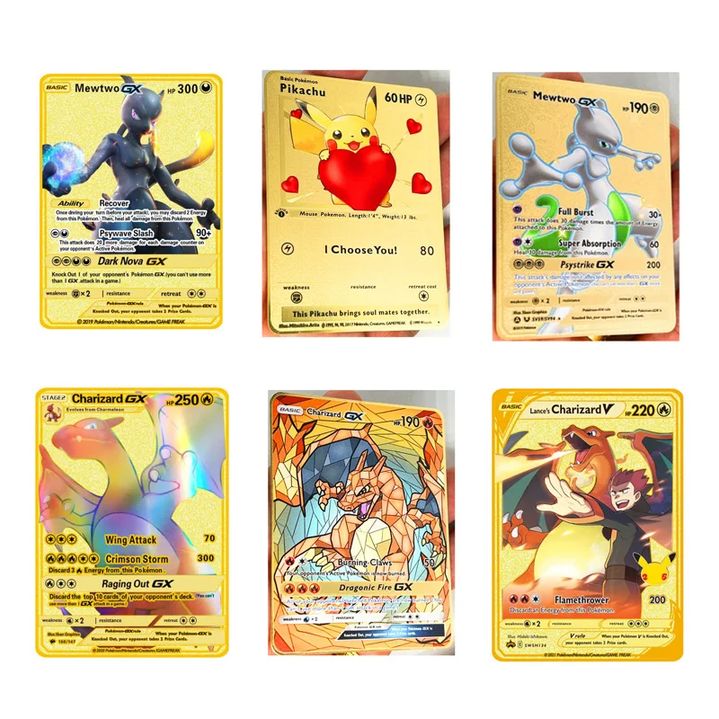 

Покемон игра металлические карты дети собирать карты игрушки подарки Bikachu Золотая карта аниме периферийная игра металлическая карта