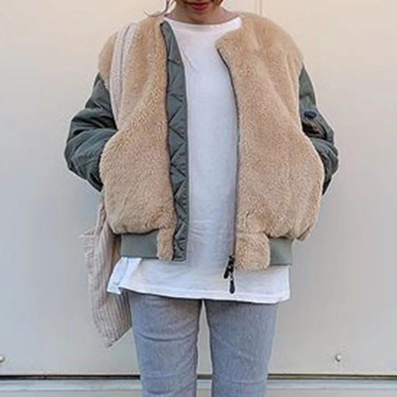 Parka Coat Women's Winter Warmth Stitching Velvet Thick Lamb Hair Zipper Casual Color Matching Cotton Coat Women's Clothing